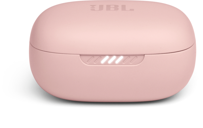 Ein pinkfarbenes JBL-Kopfhörer-Ladecase auf weißem Untergrund.