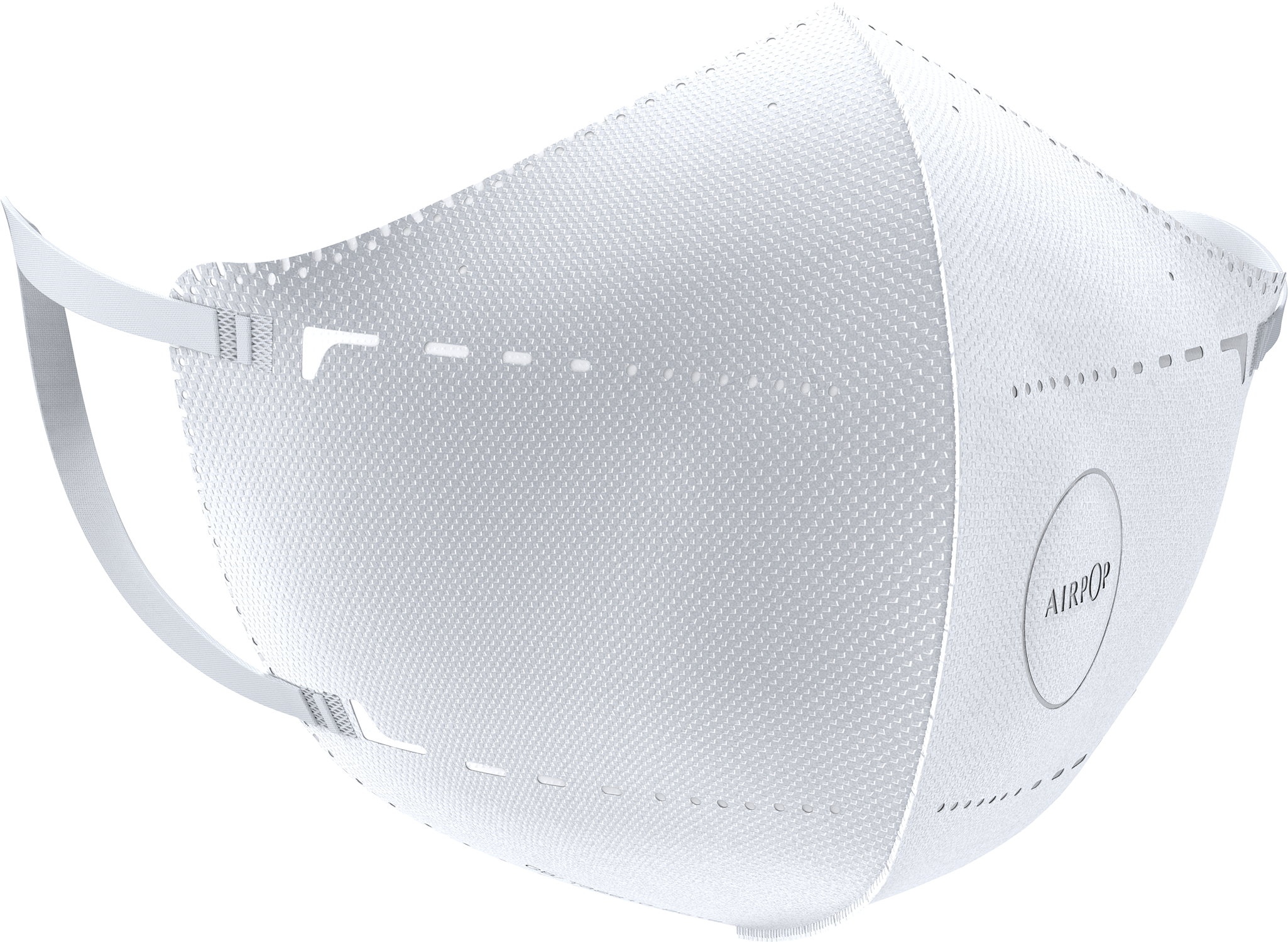 White Airpop face mask with textured fabric, straps, and the brand name on the side.