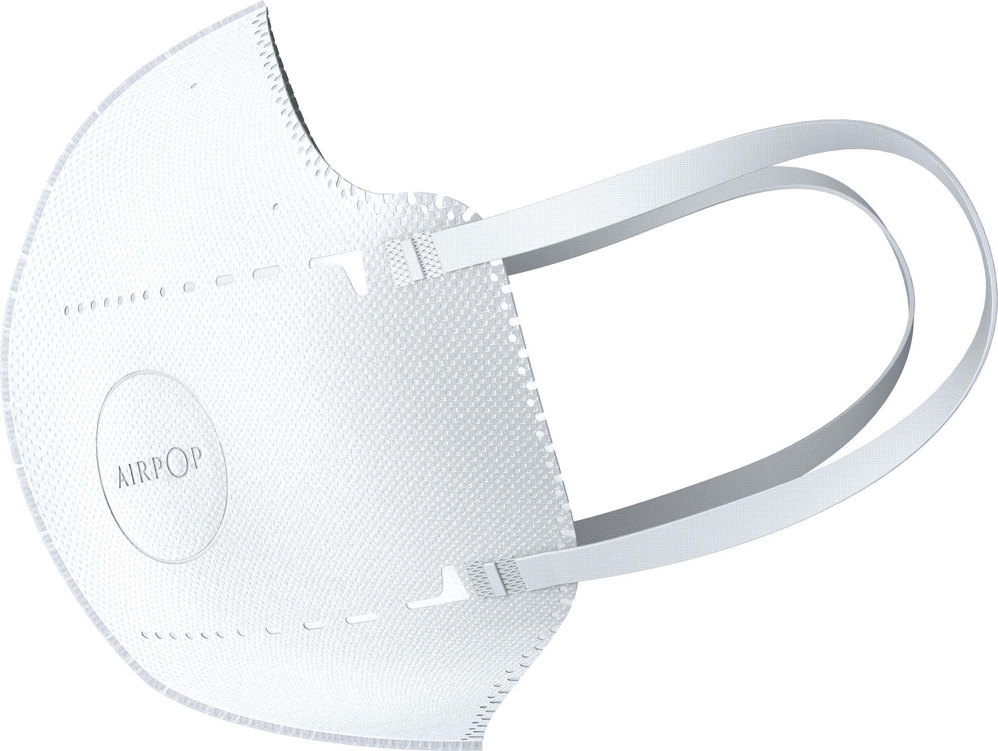 White AIRPOP face mask. It has a circular design with straps. The mask is on a white background.