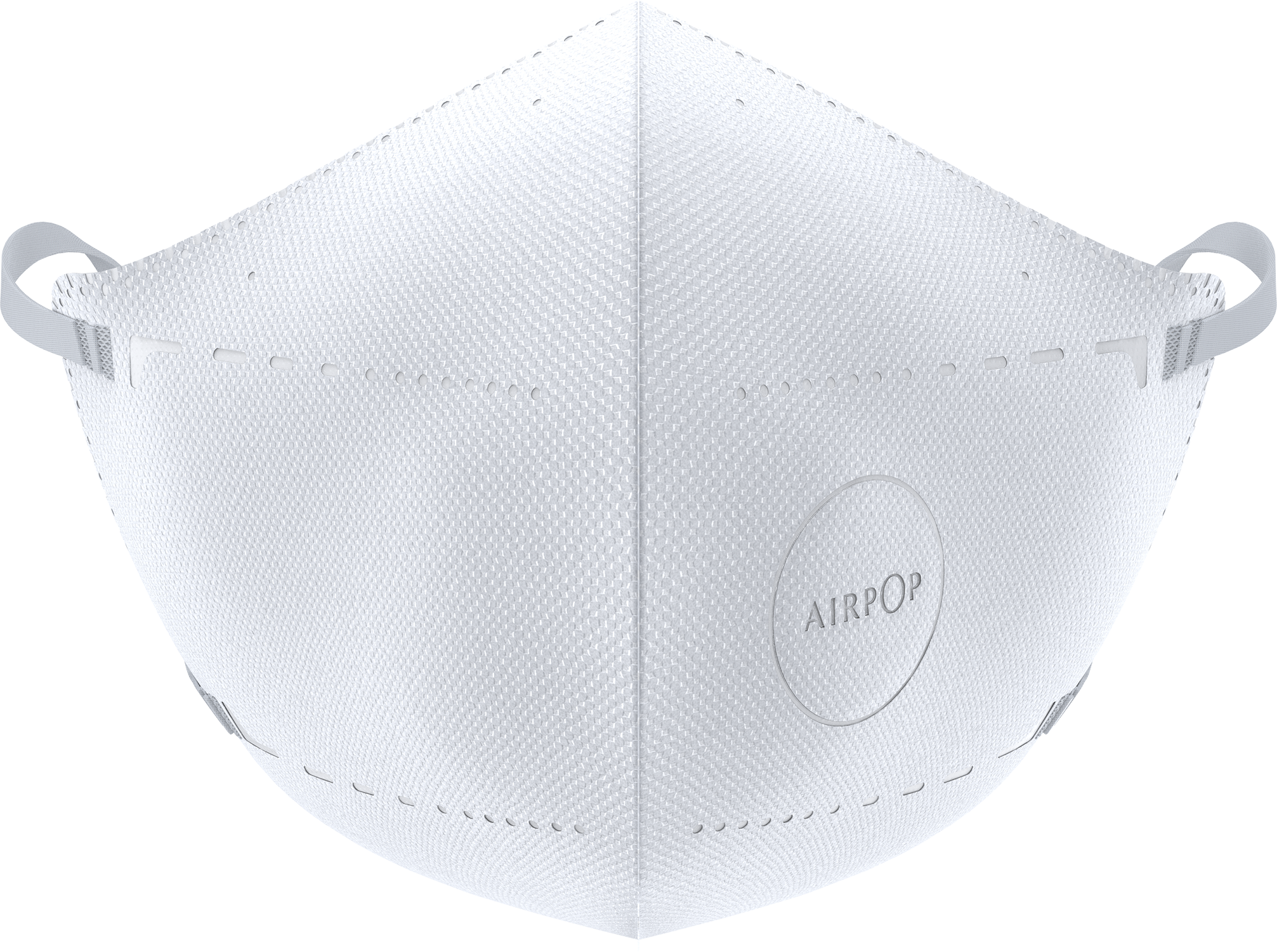 A white face mask with ear loops, the text AIRPOP is visible. The mask is made of a textured fabric.
