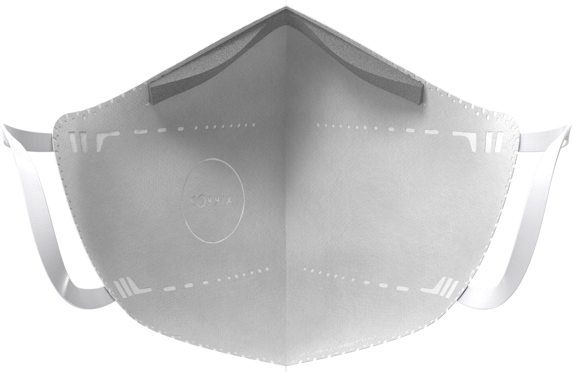 A white face mask, featuring a gray foam nose bridge and white straps. The inside has an 'AIRBOSS' logo.