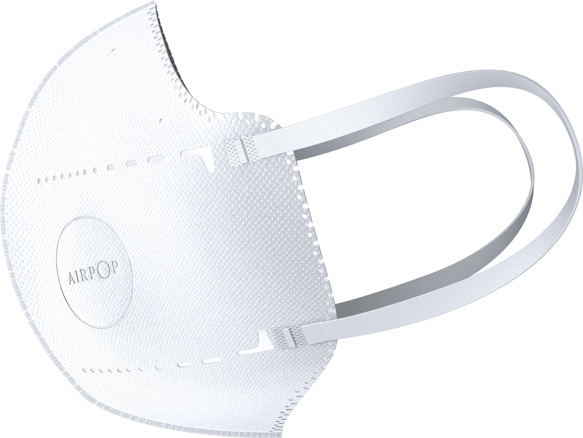 A white face mask with ear loops. It has the text "AIRPOP" on it. The mask is on a white background.