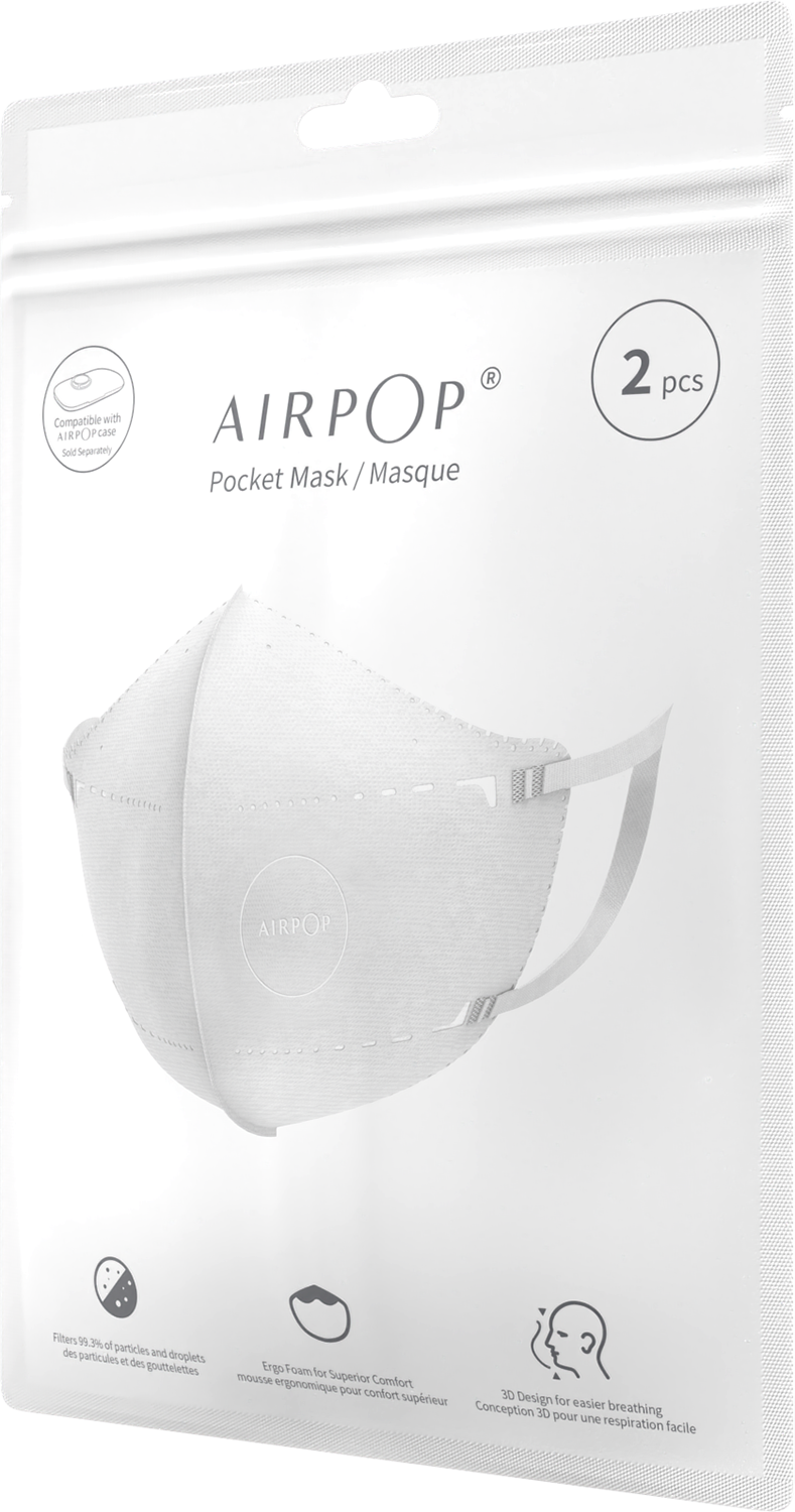 White Airpop pocket mask in a plastic package. The package says "2 pcs". It has the Airpop logo and text about the mask.