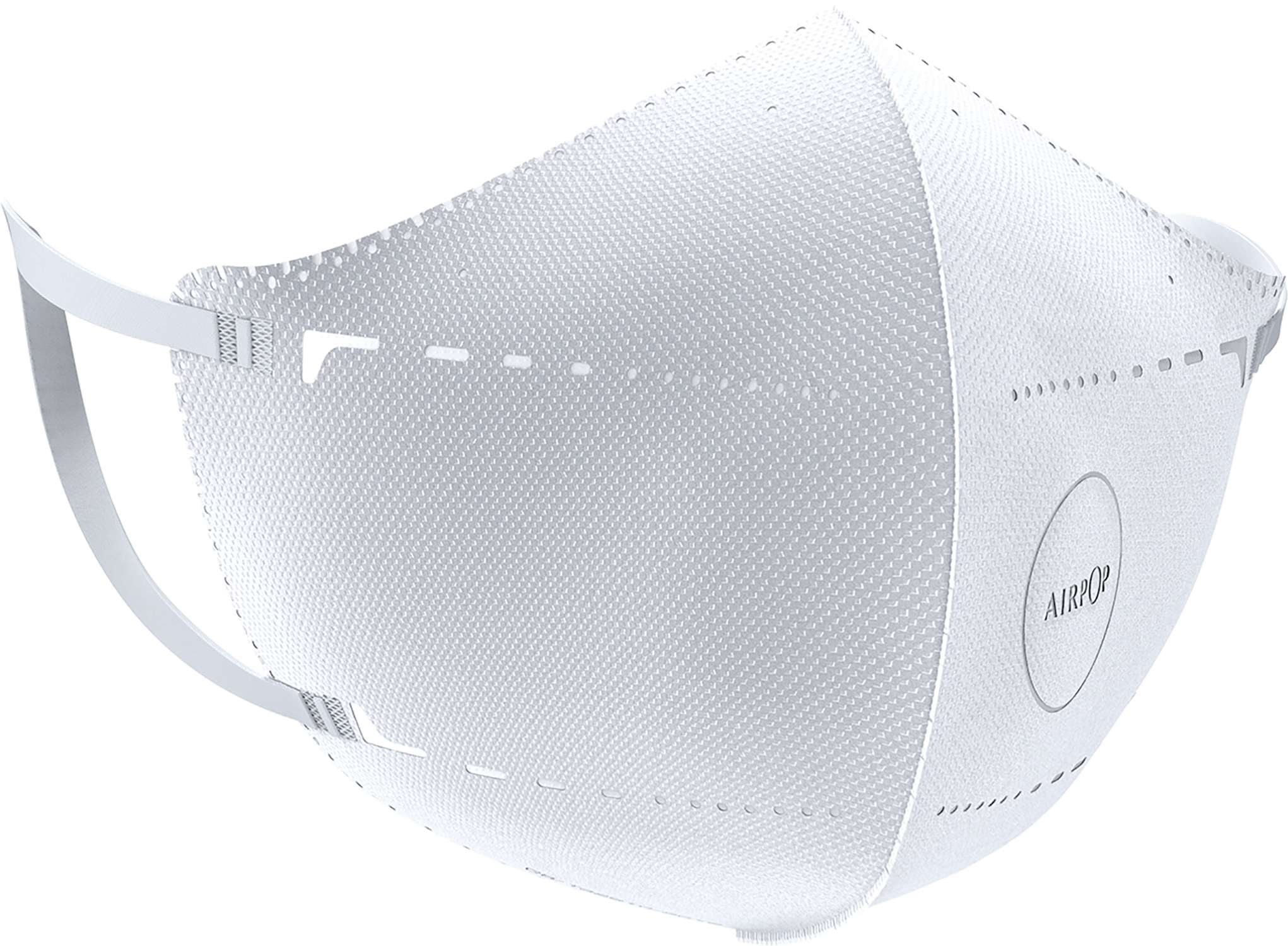 A white AirPop face mask, with a textured surface, ear loops, and the brand name printed on the side.