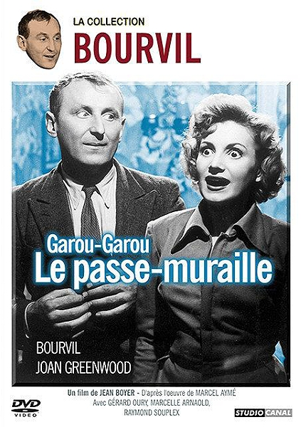 Filmposter voor 'Bourvil'. Twee mensen kijken geschokt. Tekst 'Garou-Garou Le passe-muraille'.