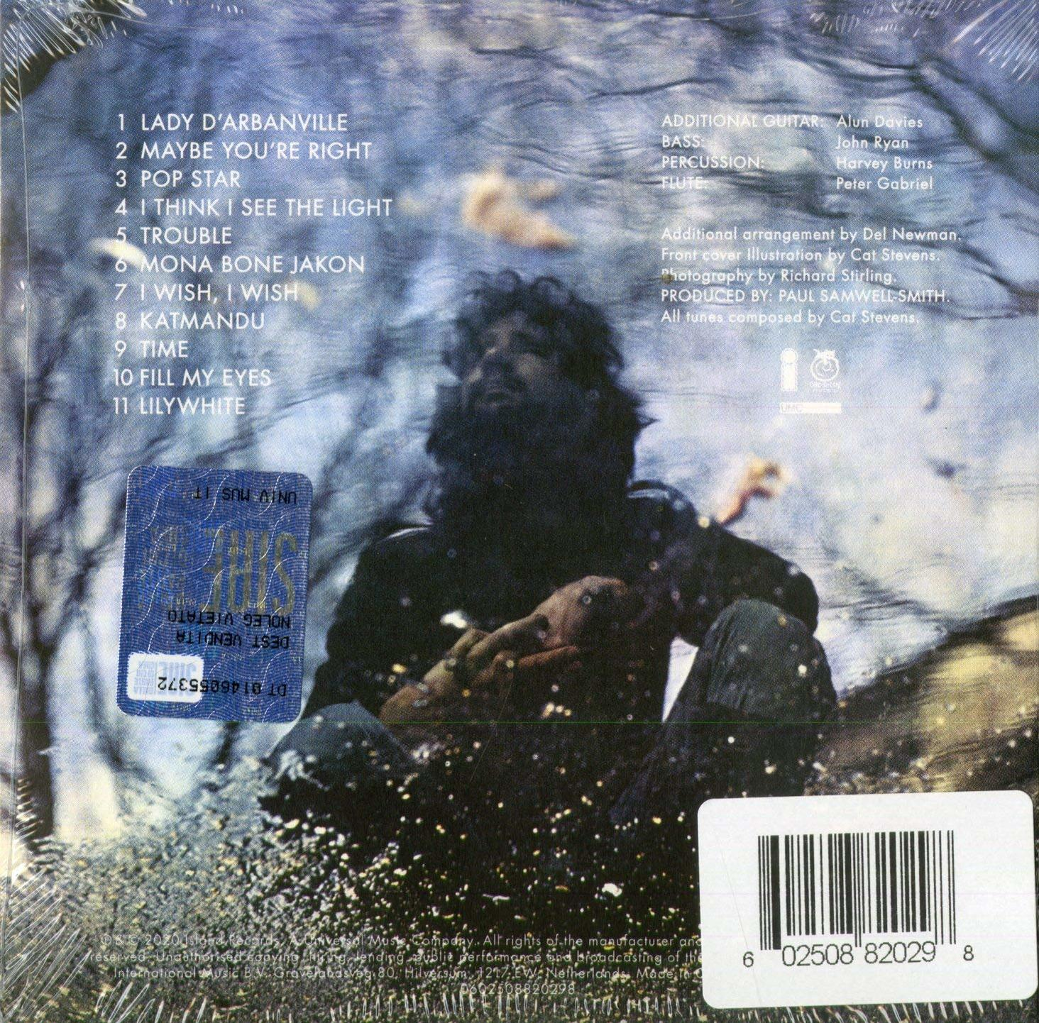 De achterkant van een cd met een man in het water en songteksten, credits, tekst en stickers.