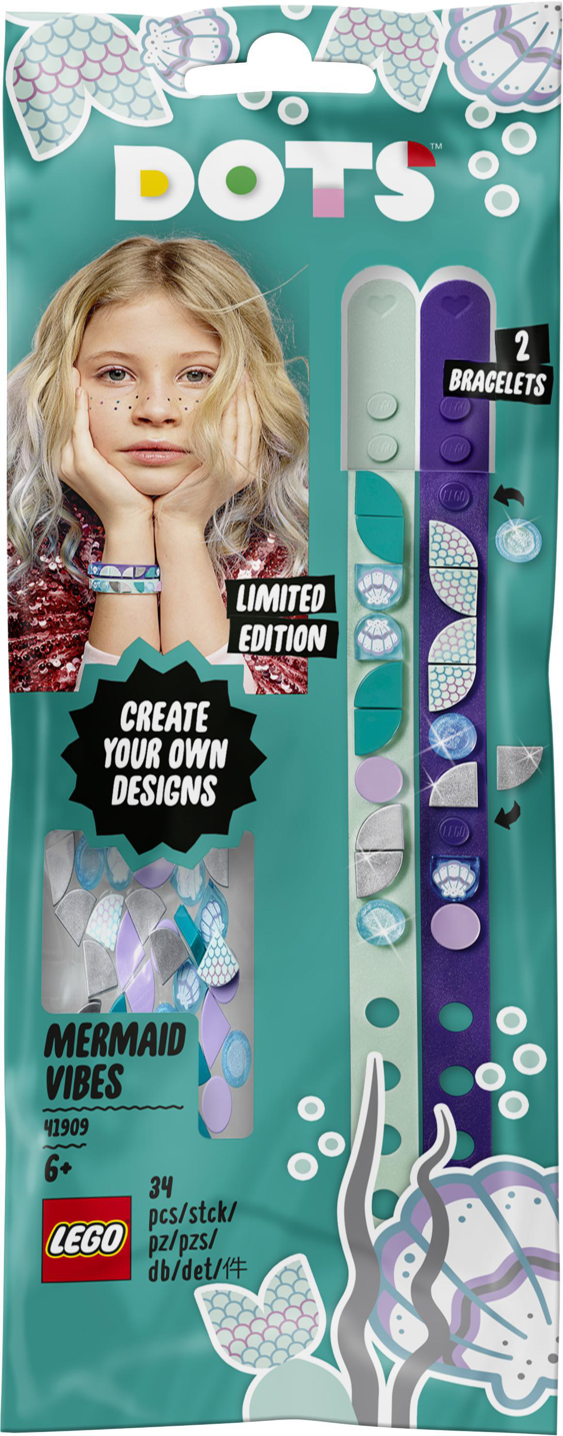 Eine LEGO DOTS-Verpackung mit einem Foto eines Mädchens auf der Vorderseite und Bildern von Armbändern.