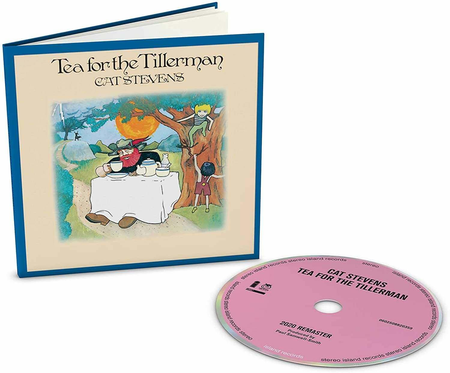 Albumhoes met 'Tea for the Tillerman'. Toont een tekenfilmscene met een man en kinderen.