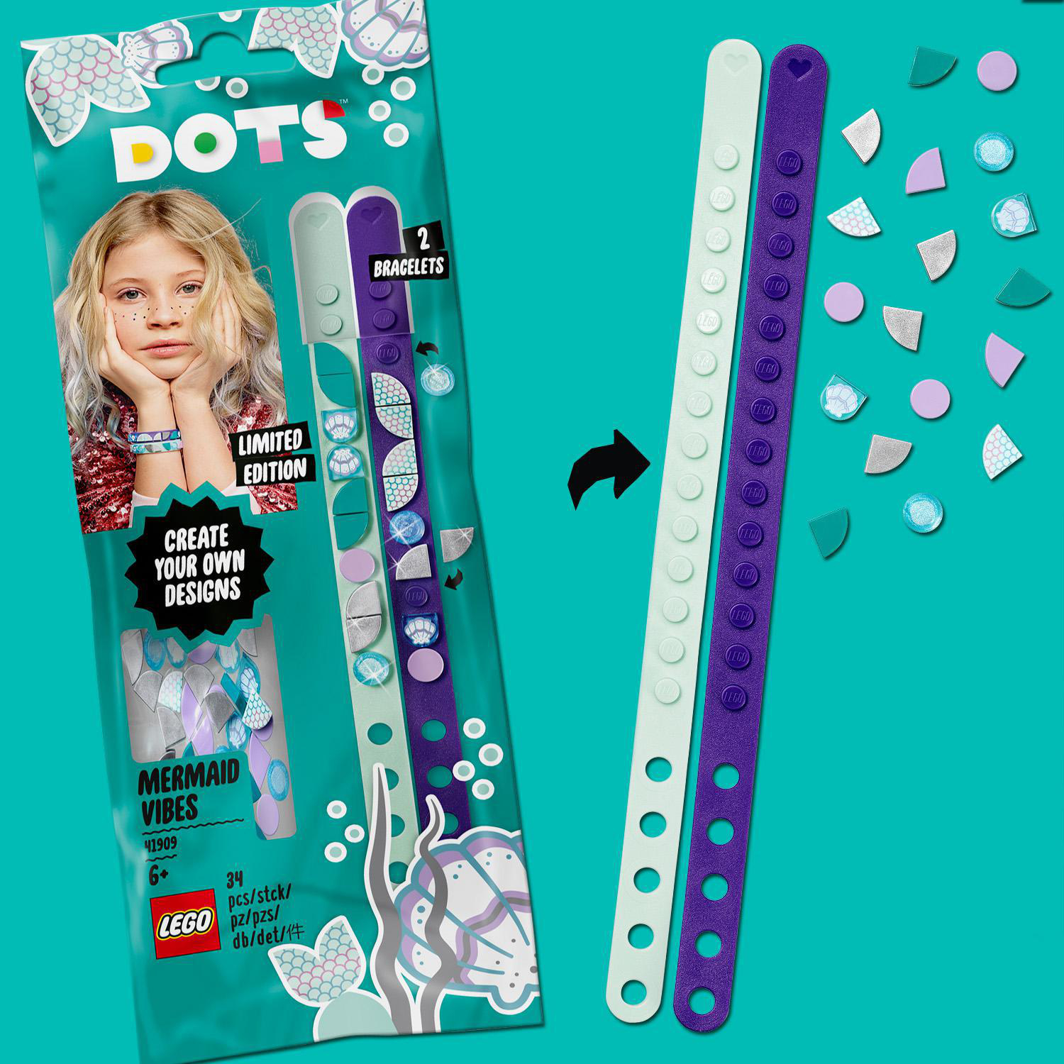 Lego Dots Set mit Armbändern, Zubehör und Verpackung.