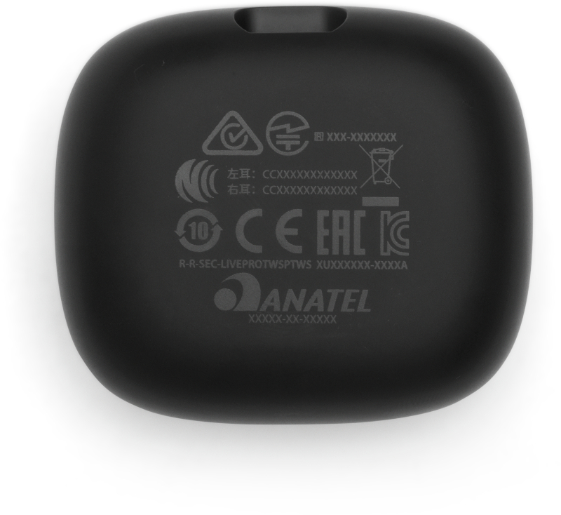 Schwarzes, oval geformtes Gerät mit Logo und regulatorischen Informationen auf der Rückseite.