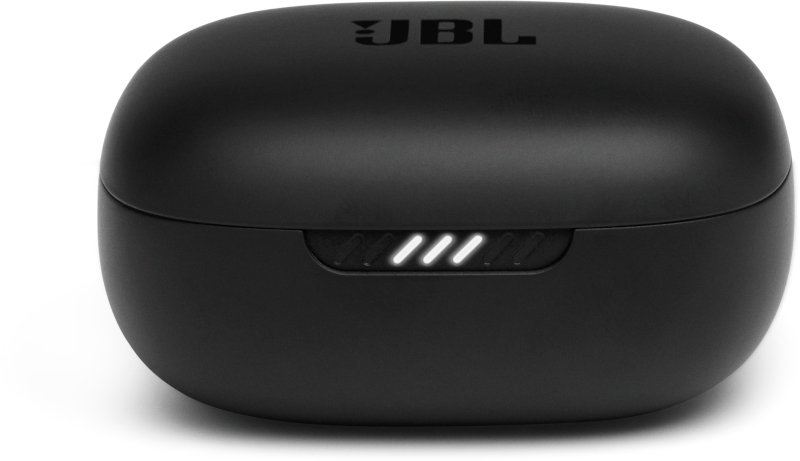 Ein schwarzes Ladeetui für JBL-Ohrhörer mit drei weißen Kontrollleuchten.