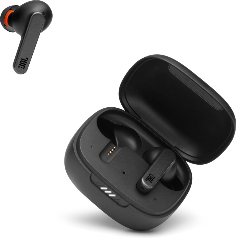 Schwarze kabellose JBL-Ohrhörer mit Ladecase. Ein Ohrhörer separat gezeigt.