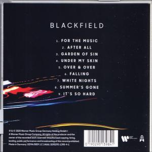 Rückseite einer Blackfield-CD. Die Titelliste enthält Songs wie 'For the Music' und 'Garden of Sin'.