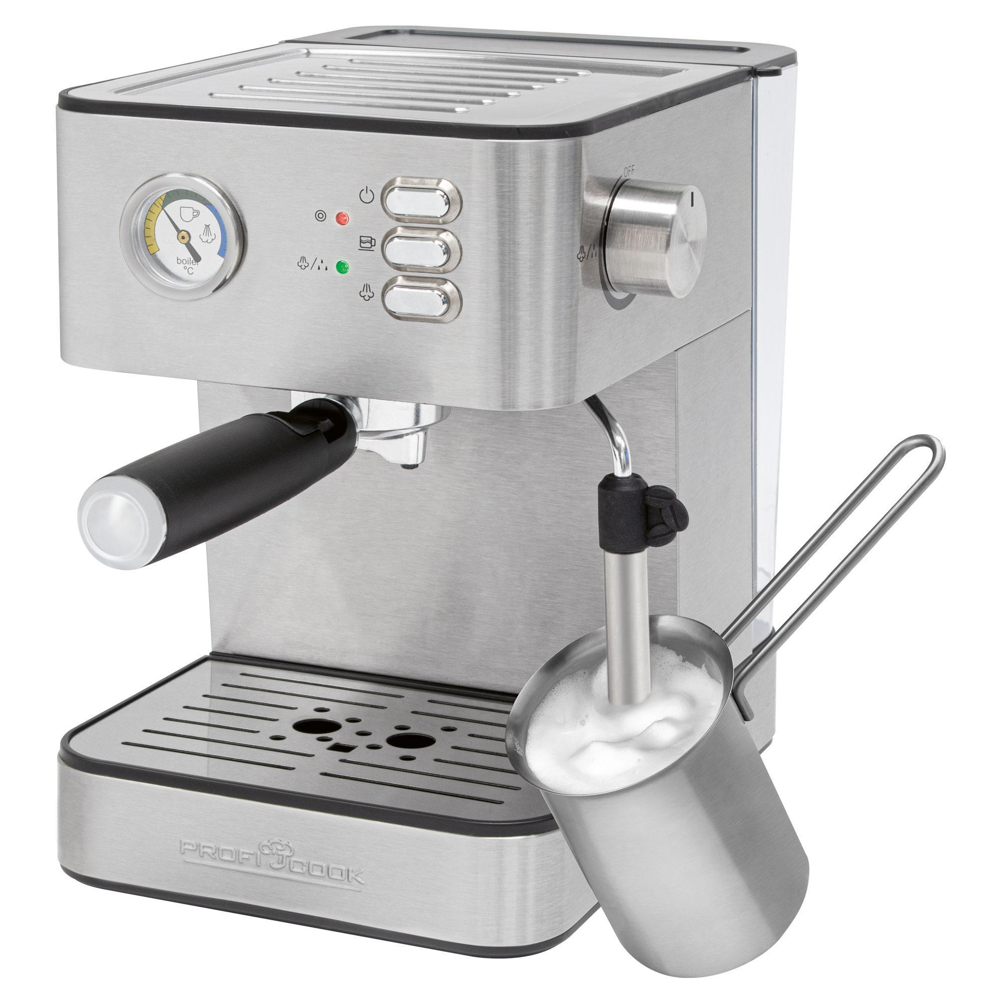 Espressomaschine ProfiCook aus Edelstahl mit schwarzem Griff.