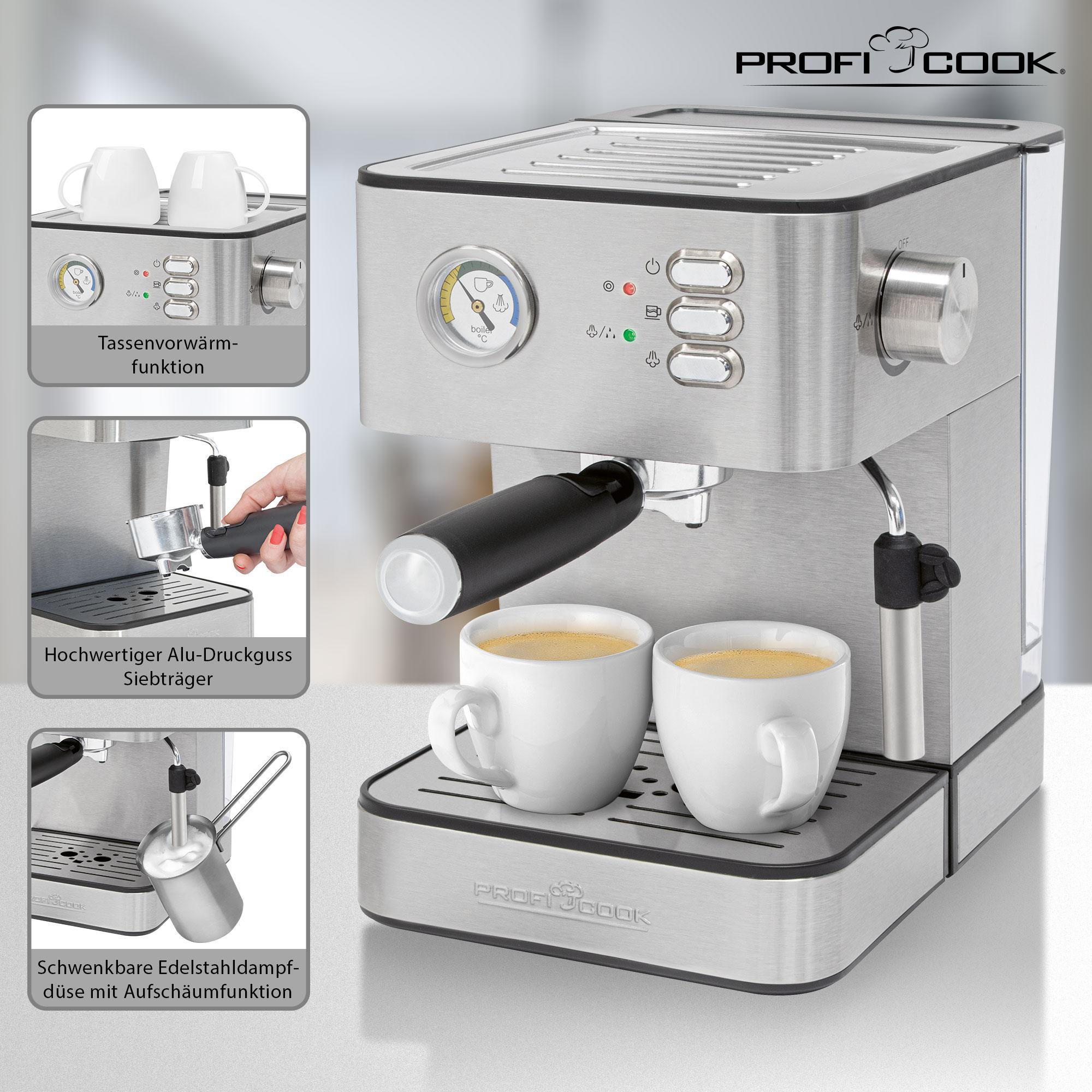 Silber-schwarze Espressomaschine mit zwei weißen Tassen.
