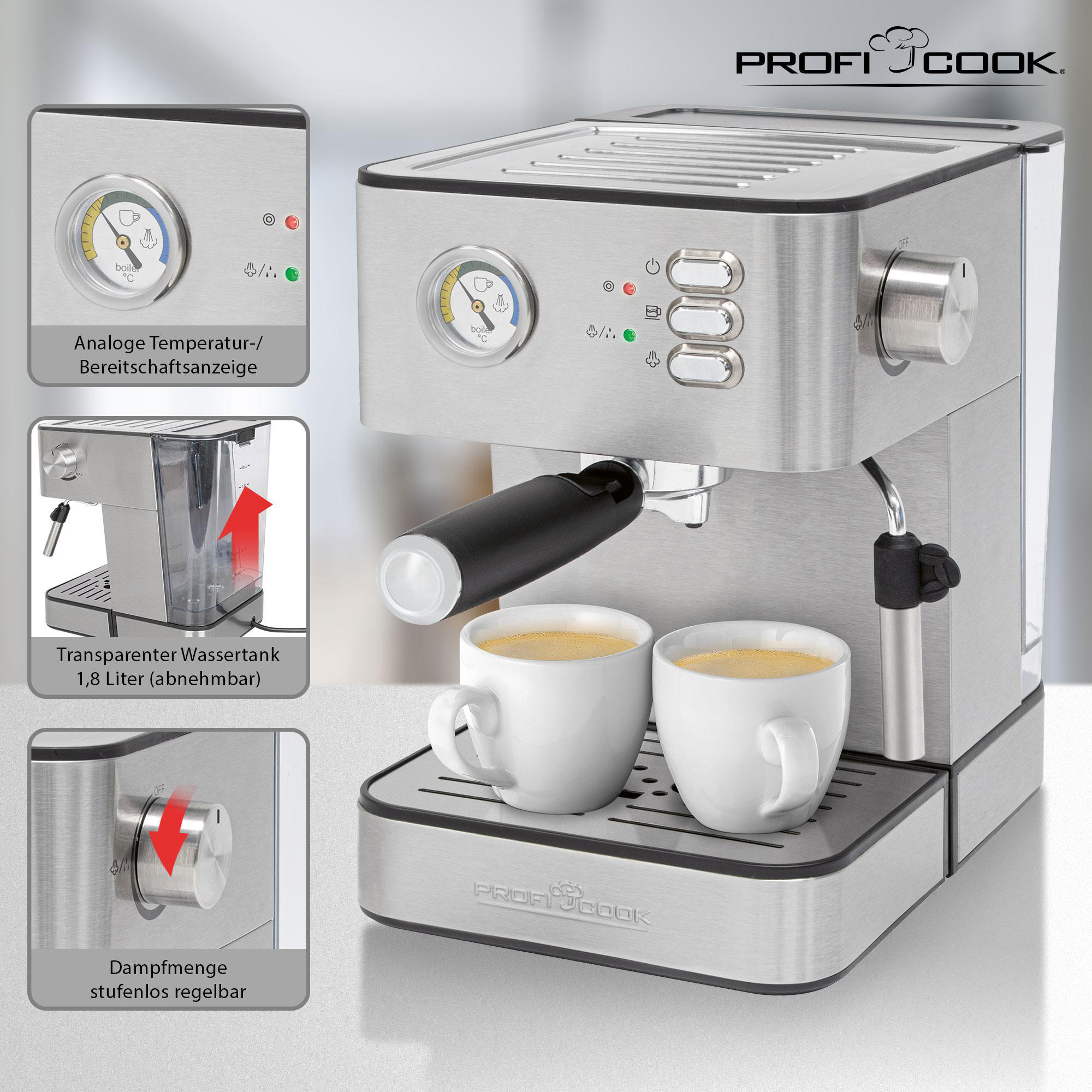 Silberne Profi Cook Espressomaschine mit zwei Kaffeetassen. Zusätzliche Bilder zeigen Details.