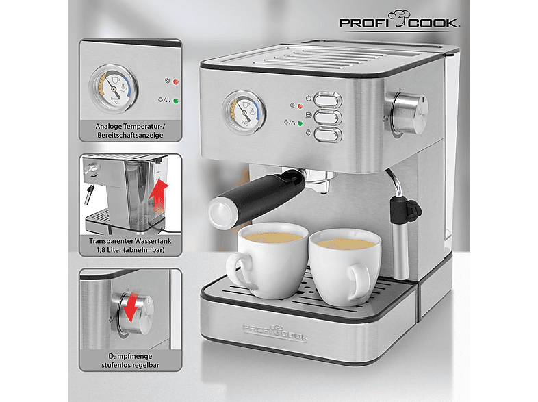 Profi Cook PC-ES 1209 Siebträgermaschine (Silber, 850 Watt, 20 bar) — Foto 5 von 5