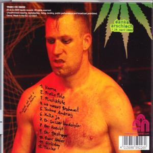 Rückseite einer CD mit entblößtem Mann und Text im Graffiti-Stil.