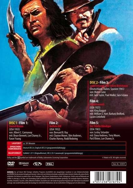 Filmposter mit Bildern von drei Männern mit Waffen. Text in Rot und Weiß am unteren Rand.