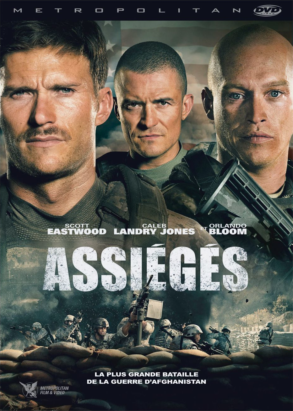 Movie poster with three men in military uniforms, and title 'Assiégés'.