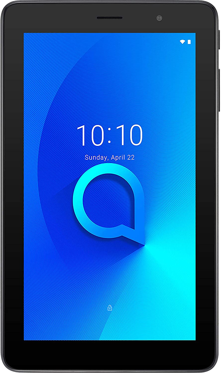 Alcatel tablet kék-fehér gradiens háttérrel, dátumot és időt mutat.