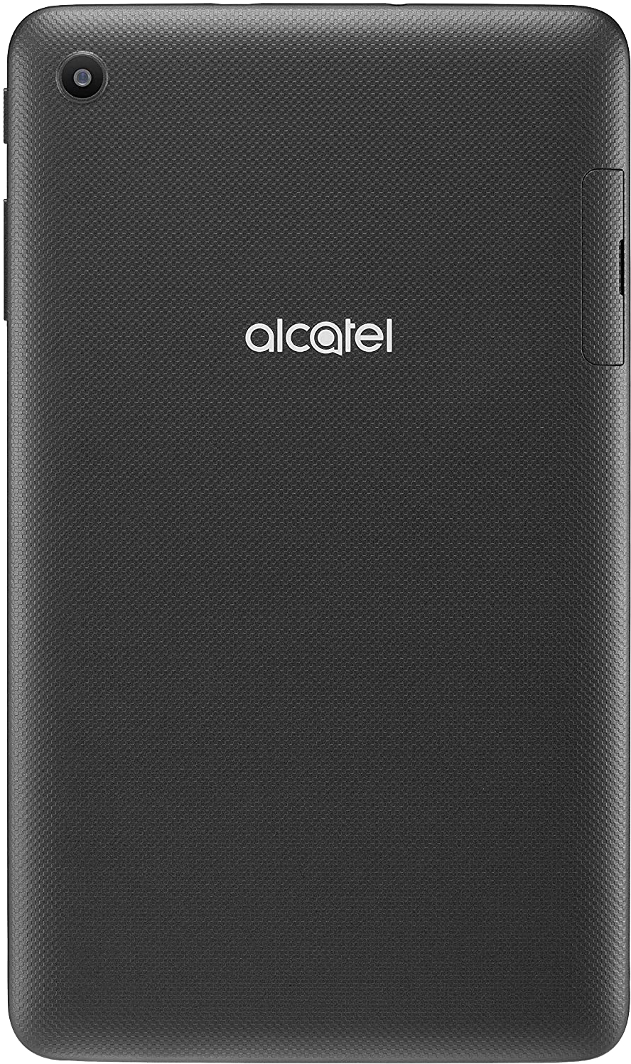 Fekete Alcatel tablet. A hátoldala látható, az Alcatel logóval és egy kamerával.
