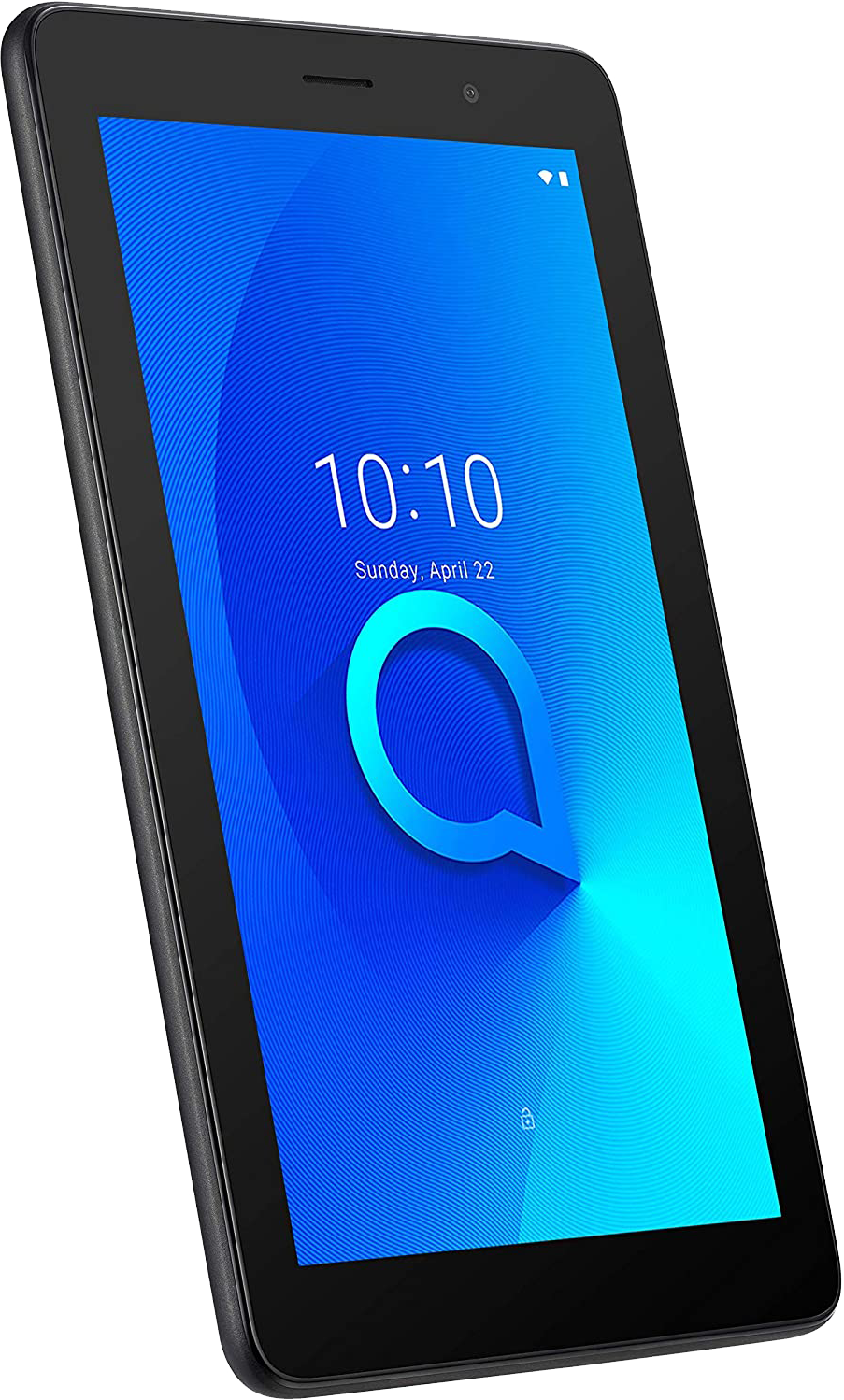 Fekete Alcatel tablet kék képernyővel, amely az időt és a logót mutatja.