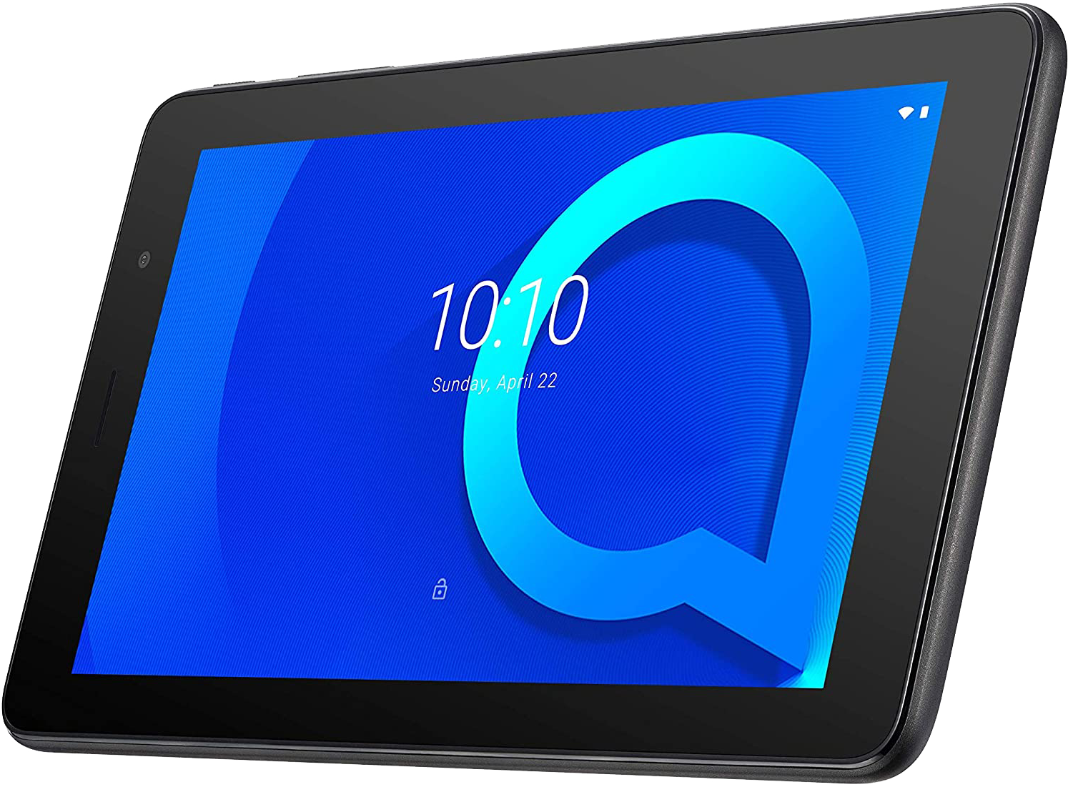 Egy fekete Alcatel tablet. A 10:10-es időpont kék háttérben látható. A képernyő be van kapcsolva.