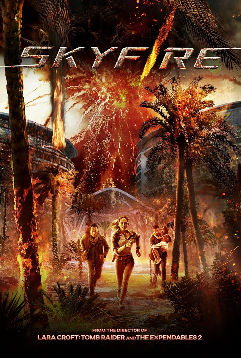 Affiche de film : Des gens fuient une explosion. Titre 'SKYFIRE' en grandes lettres.