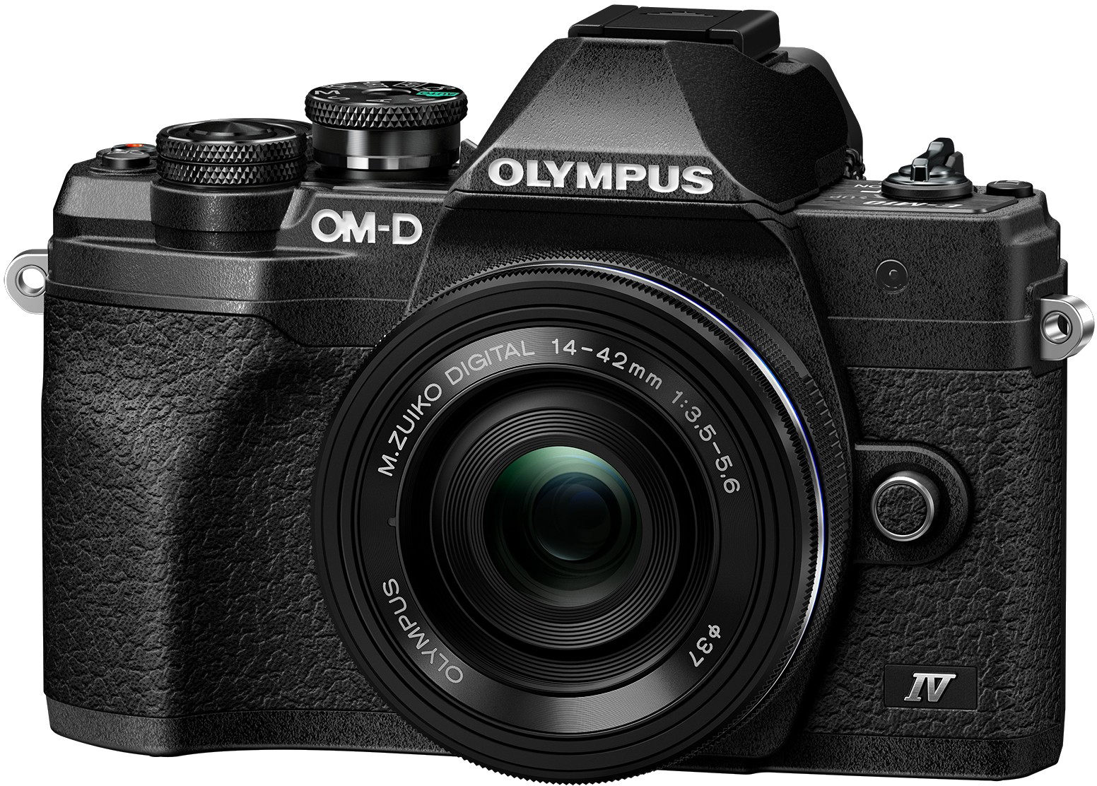 Fekete Olympus OM-D fényképezőgép objektívvel, elölnézetben, fehér háttéren.