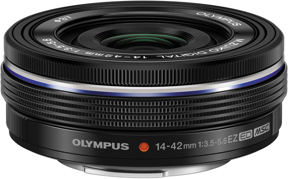 Olympus digitális fényképezőgép objektív, fekete-ezüst, közelkép, különböző jelölésekkel és részletekkel.