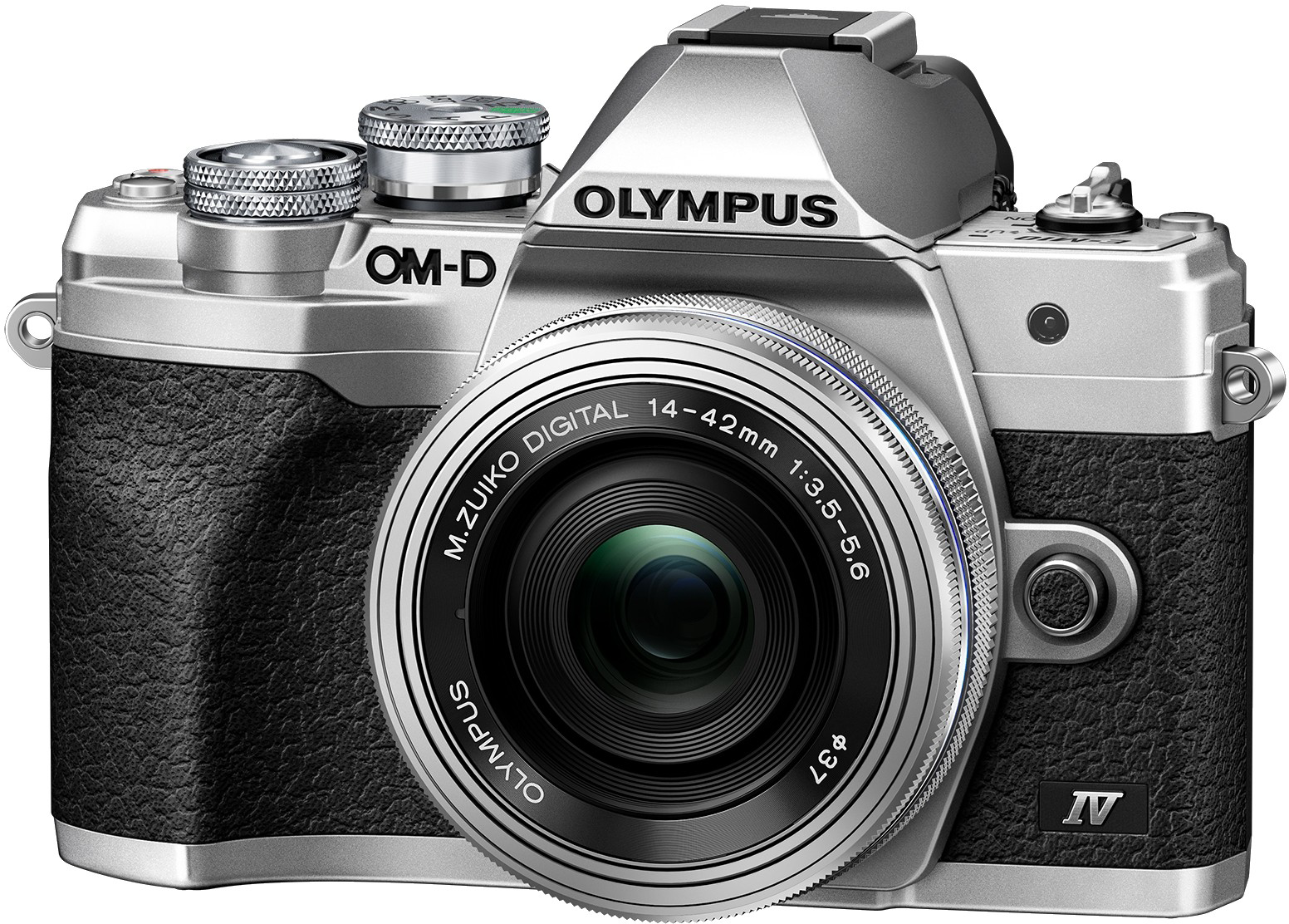 Ezüst-fekete Olympus OM-D fényképezőgép objektívvel. A kamerán szöveg található.