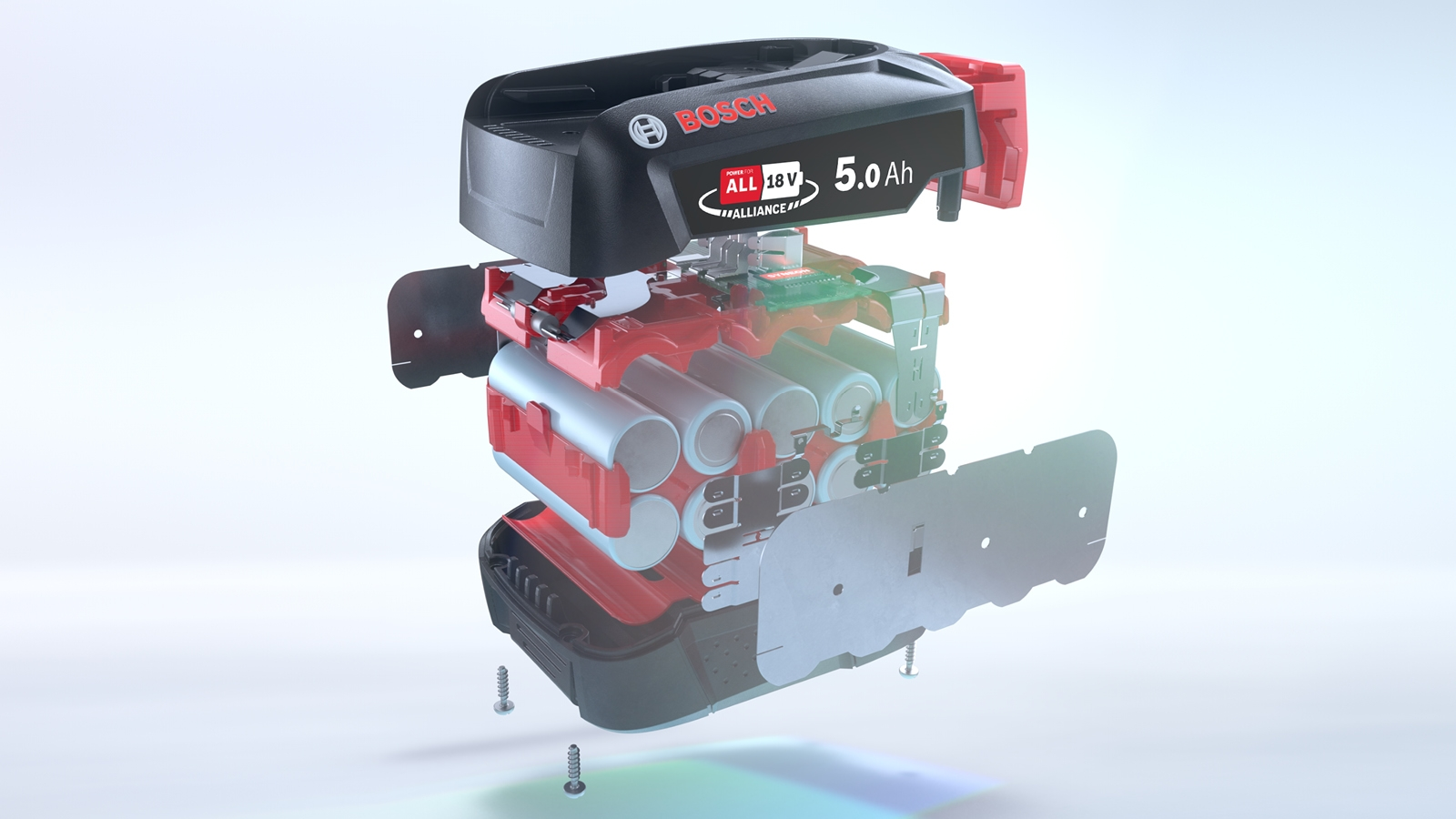 Eine Explosionsansicht eines roten und schwarzen Bosch 18V 5.0Ah Akkus.