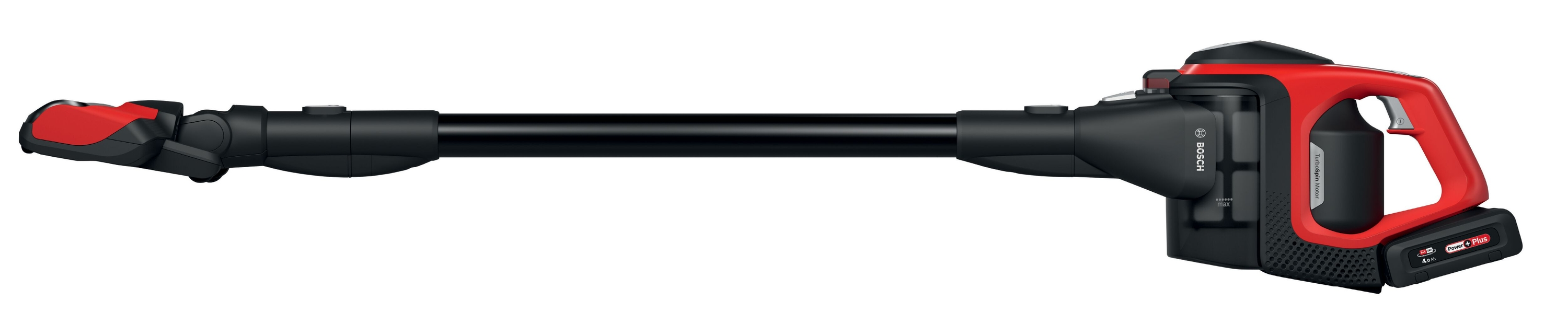 Roter und schwarzer kabelloser Staubsauger auf weißem Hintergrund, vollständig ausgefahren.