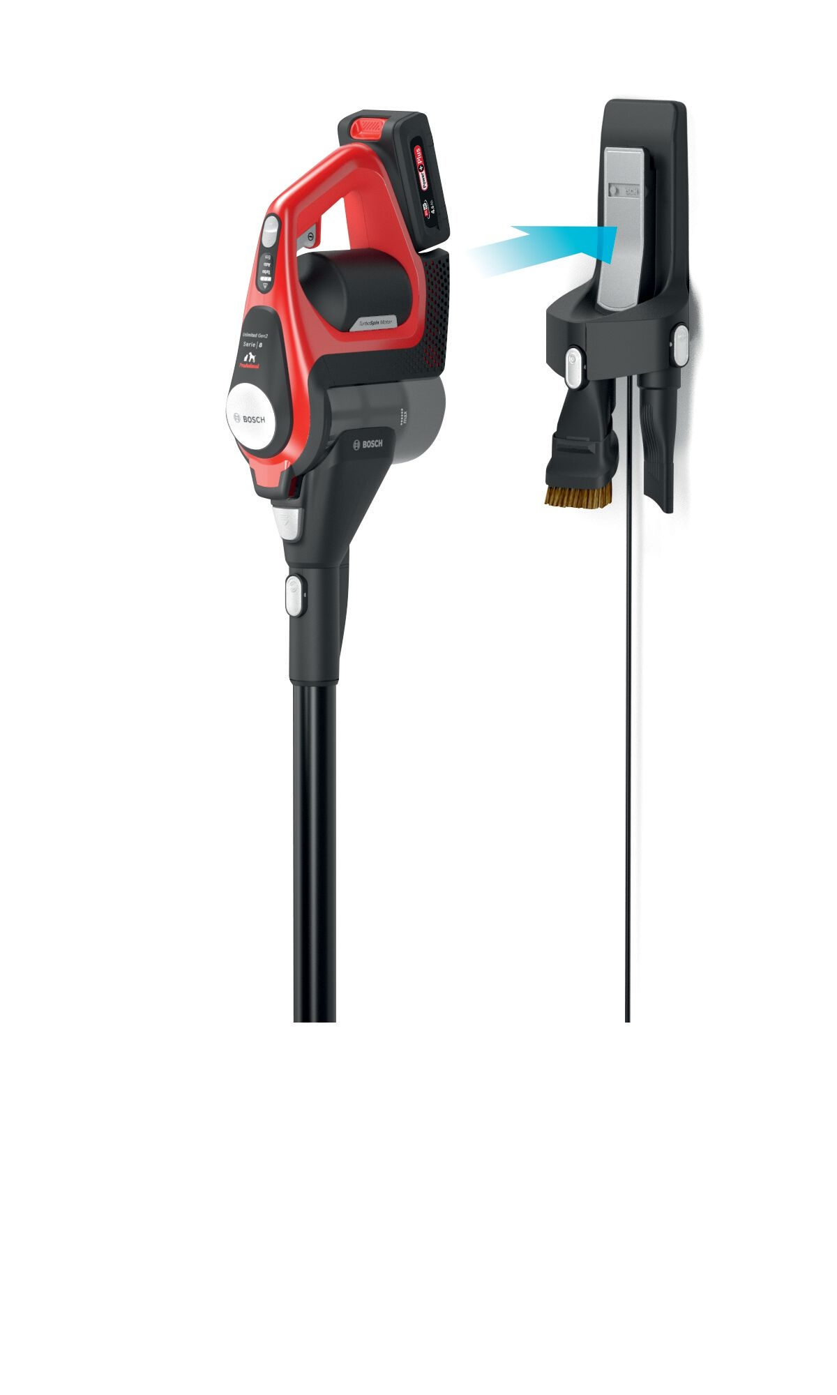 Roter und schwarzer kabelloser Staubsauger mit Ladestation.