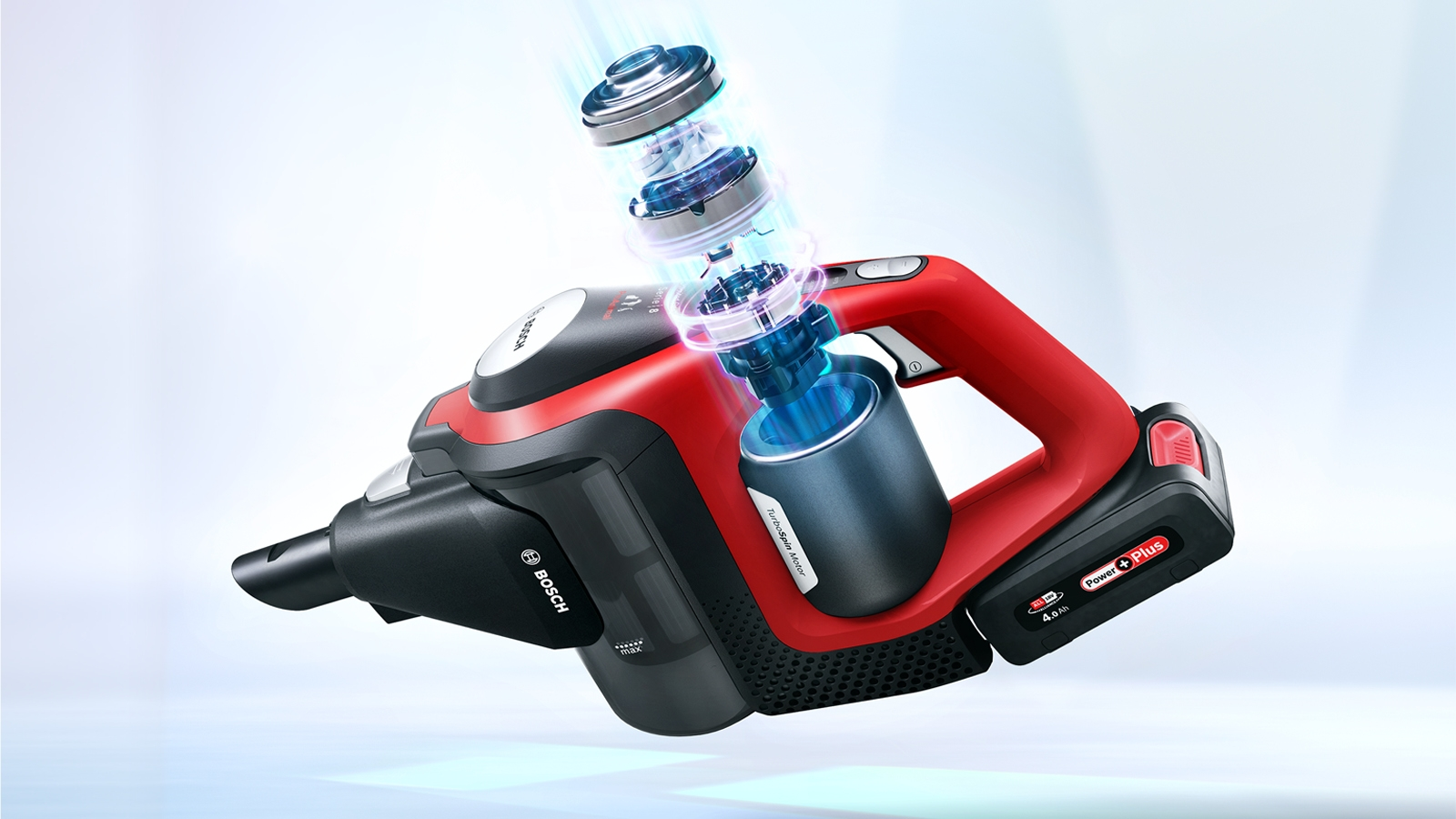 Roter und schwarzer Bosch-Staubsauger mit Akku und abgetrennten Teilen.