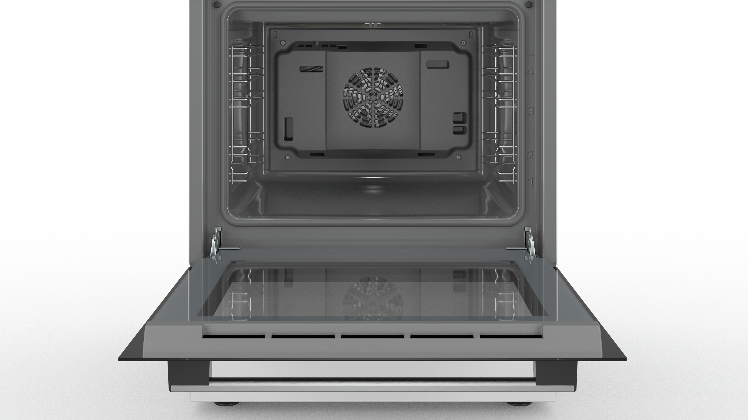 Een geopende oven met een glazen deur. Het staat tegen een witte achtergrond. Binnenkant zichtbaar.
