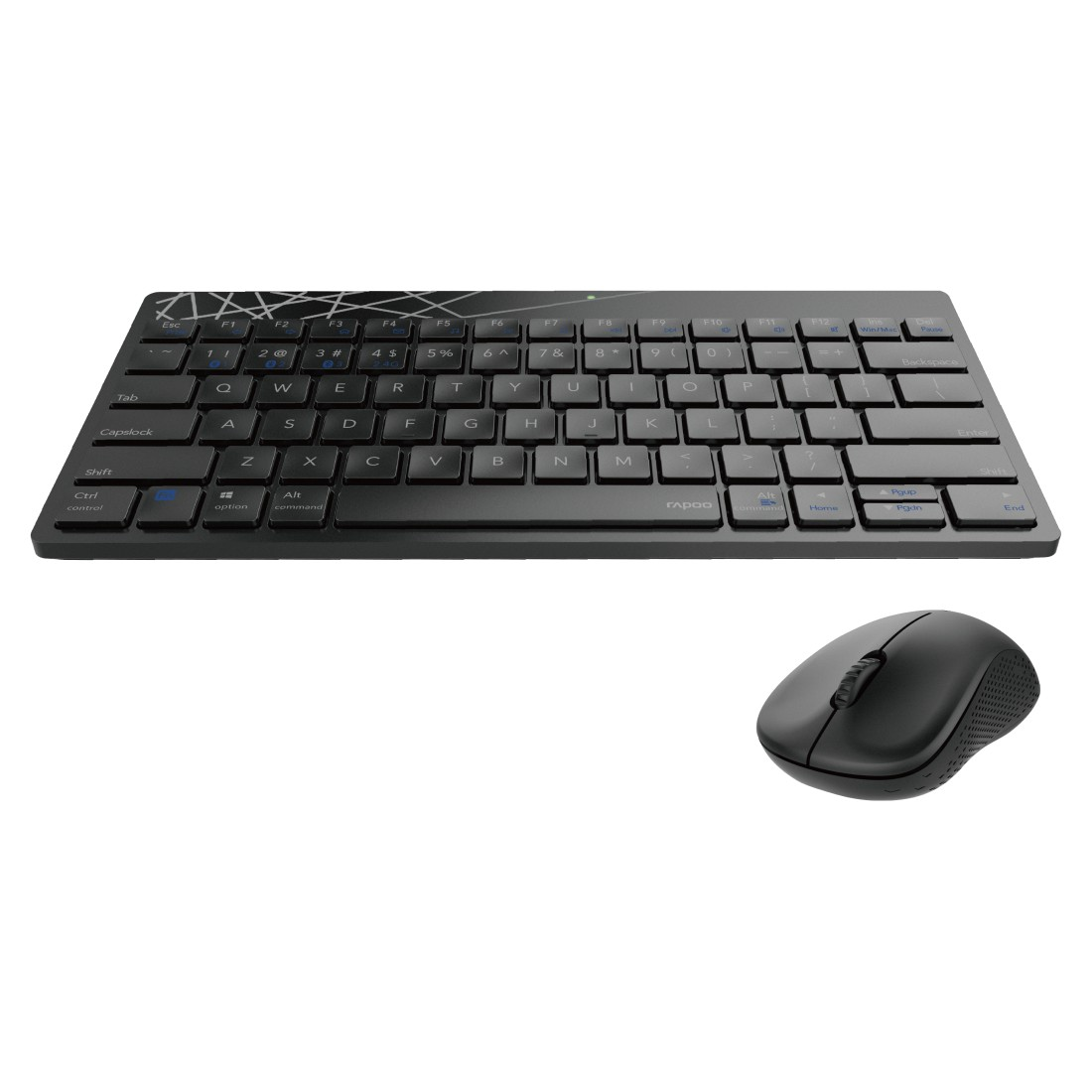 Schwarze Tastatur- und Maus-Kombination, mit weißem Hintergrund, schräge Ansicht.
