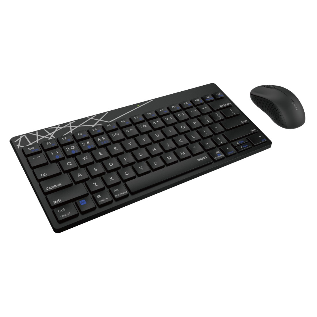 Schwarze kabellose Tastatur und Maus auf weißem Hintergrund.