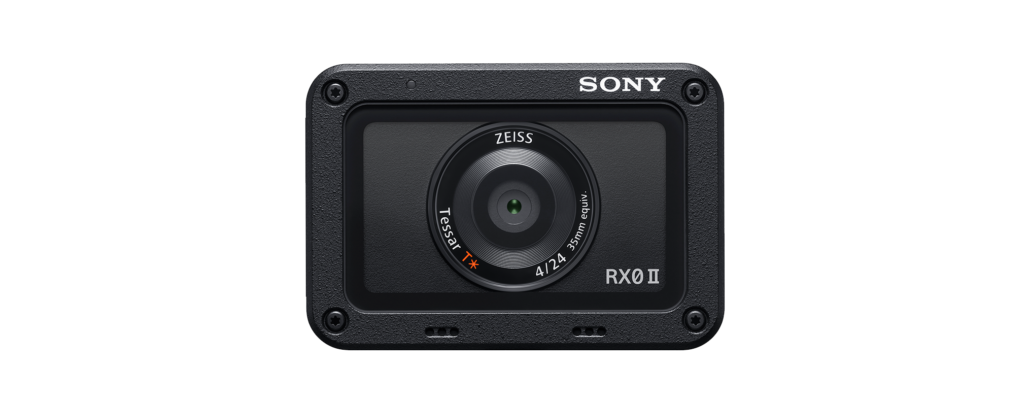 Egy fekete Sony RX0 II kamera Zeiss objektívvel, fekete háttéren izolálva.