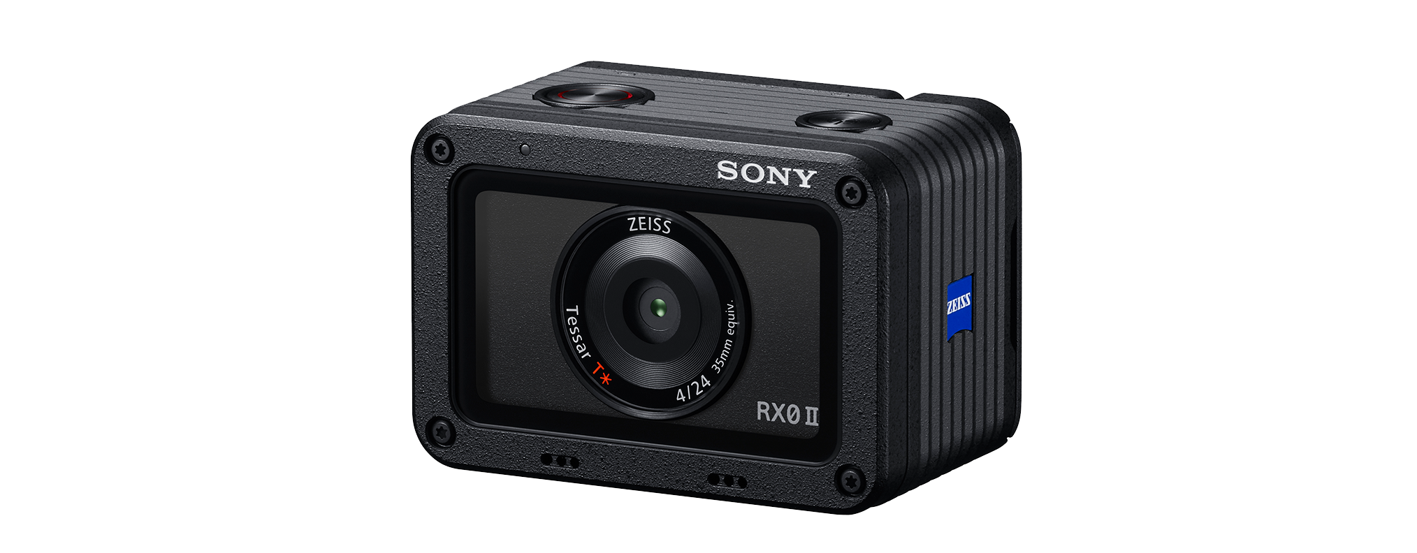 Fekete Sony kamera Sony és RX0 II felirattal. A háttér fekete.