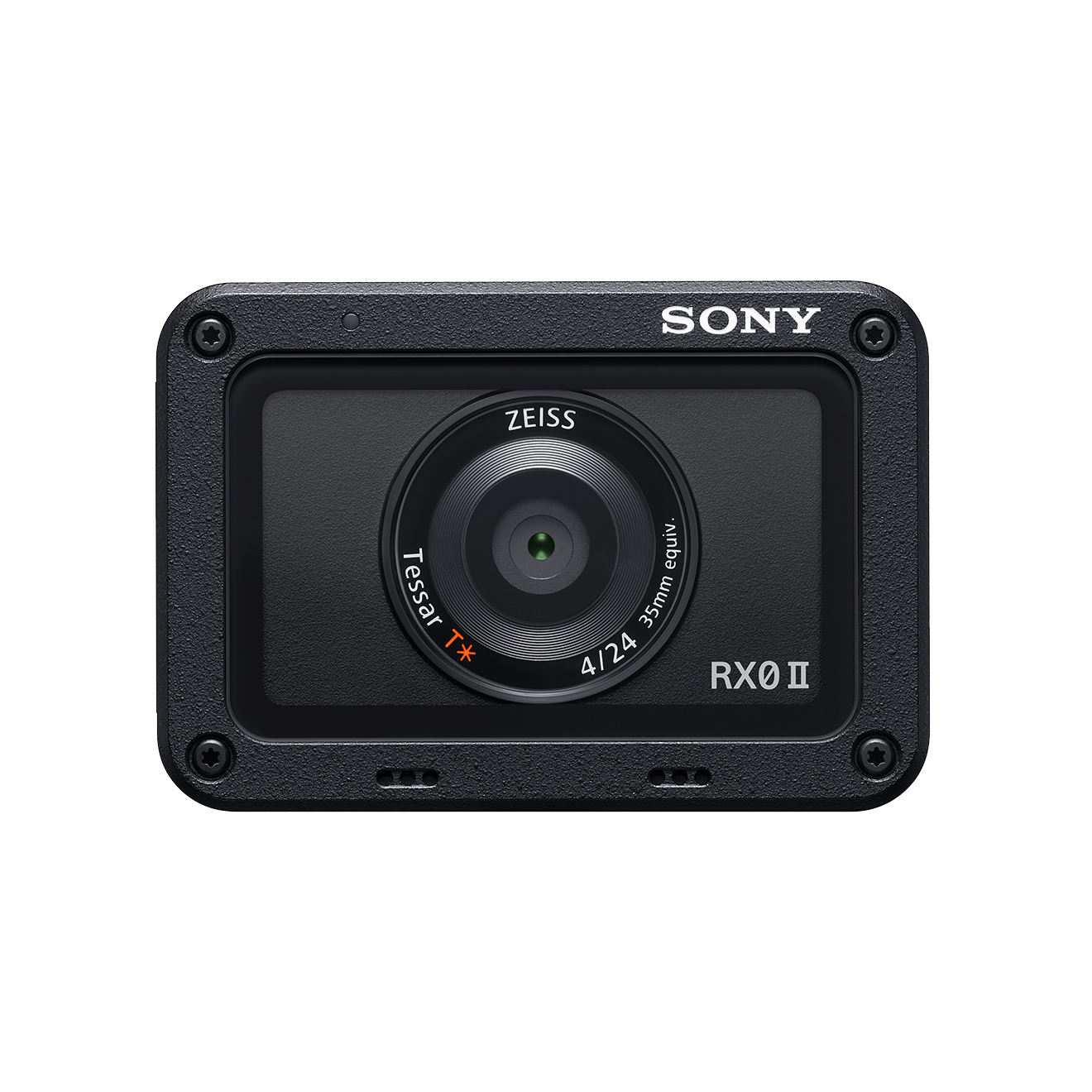 Fekete akciókamera objektívvel. A SONY és ZEISS feliratok láthatók rajta. A kamera fekete háttéren van.