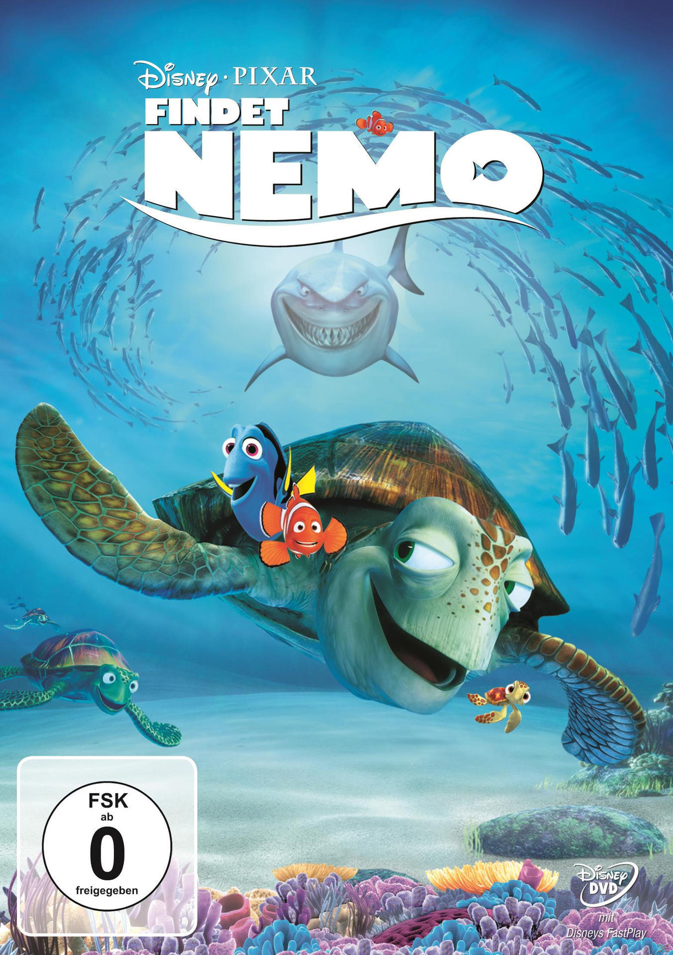 Findet Nemo DVD-Cover. Zeigt Nemo und Dorie auf einer Schildkröte, mit einem Hai und Fischen.