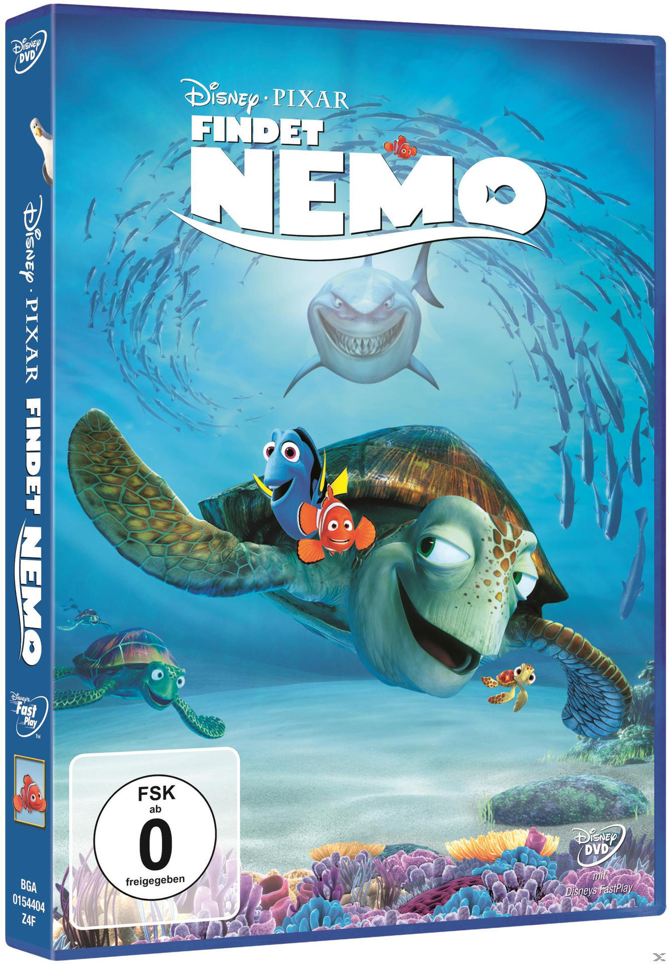 DVD-Cover für den Film 'Findet Nemo'. Zeigt Nemo, Dory und eine Schildkröte im Meer.