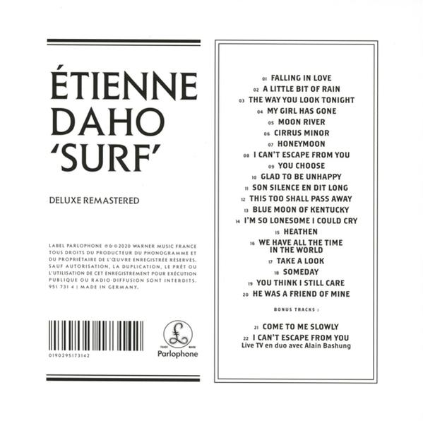 Pochette d'album avec titres de chansons. Le nom de l'artiste est 'Étienne Daho'. Texte blanc sur fond noir.