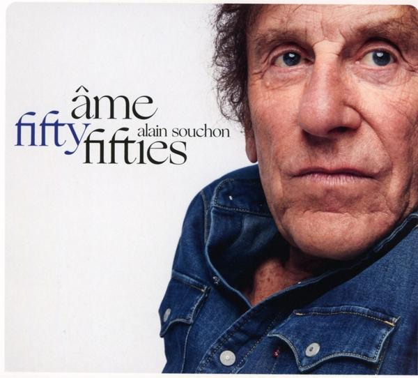 Albumhoes met een man in een spijkerjasje, blauwe tekst 'âme fifty fifties'.