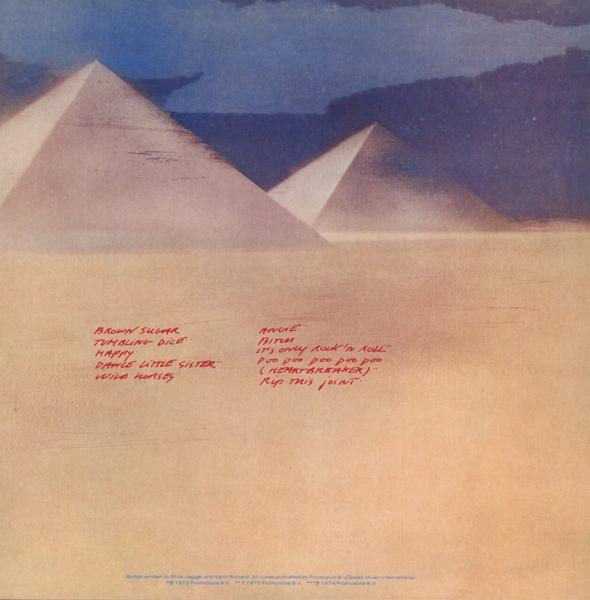Album cover with pyramids and song titles. The Rolling Stones. Brown Sugar, Tumbling Dice, and Wild Horses.