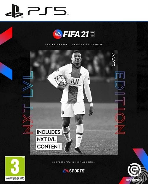 Video game cover: Kylian Mbappé met een bal in een Paris Saint-Germain shirt, met een PS5 logo.