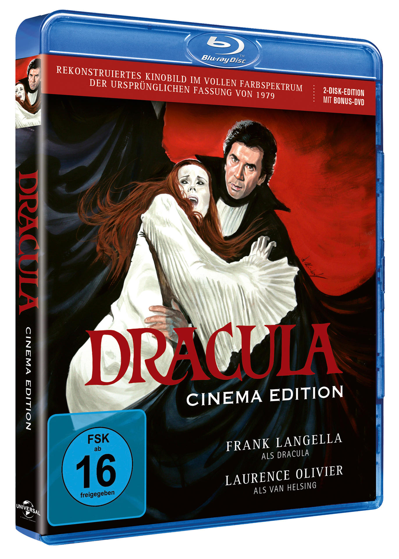 Dracula Blu-ray-Hülle. Schauspieler auf dem Cover. Rotes und schwarzes Design. Frank Langella, Laurence Olivier.
