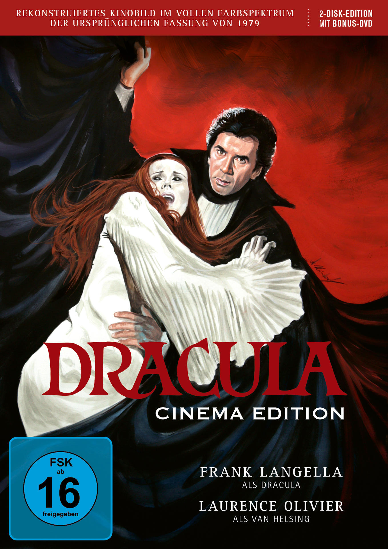 Filmplakat: Dracula, mit einem Mann im Umhang, der eine Frau umarmt. Text: 'Cinema Edition'.